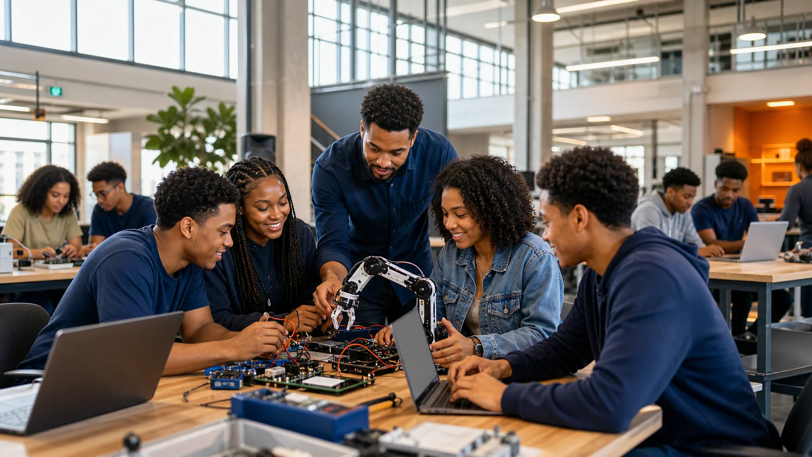 Students and a mentor collaborating with robotics and laptops in an AI innovation lab