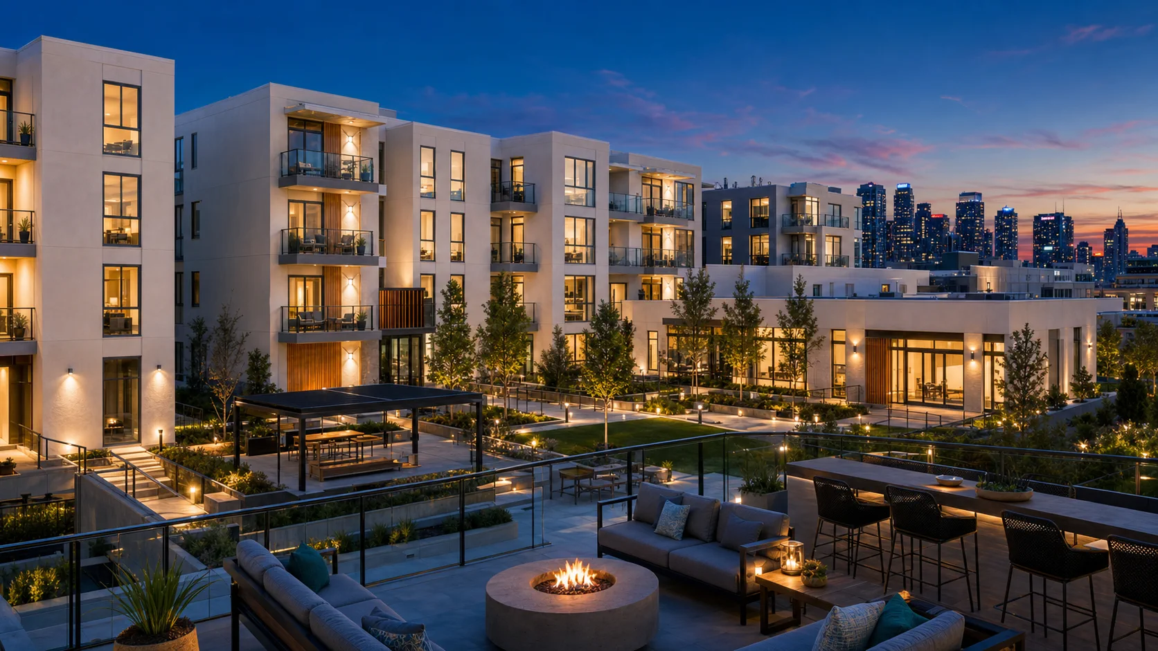 Modern residential learning campus with warm lights, rooftop lounge seating, and city skyline at dusk