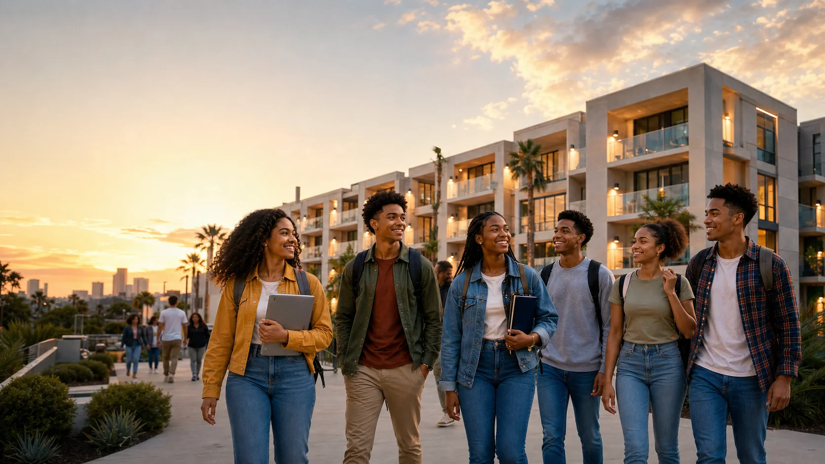 Students walking together outside a modern residential learning campus at sunset