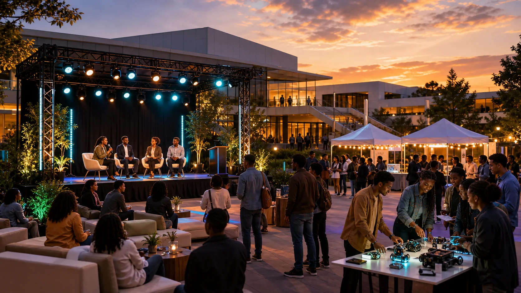 Outdoor partnership event on a campus plaza with stage programming and student technology demos
