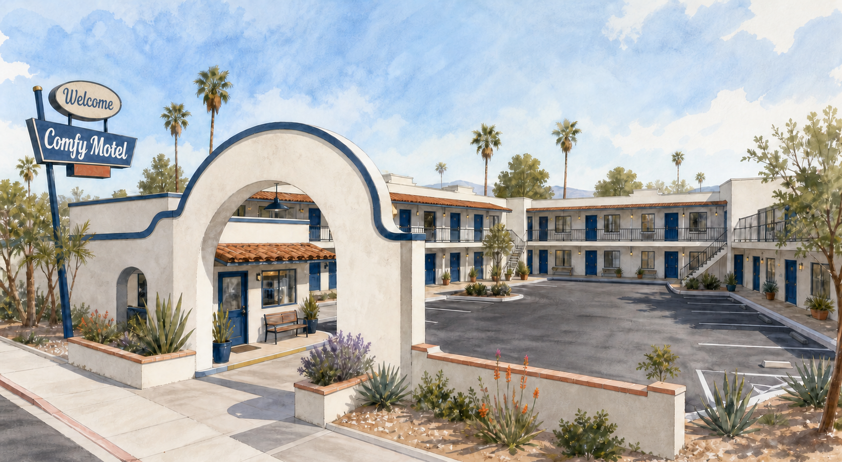 Illustration of a clean independent U-shaped exterior-corridor motel with an arched entrance and a roadside sign reading Welcome and Comfy Motel.